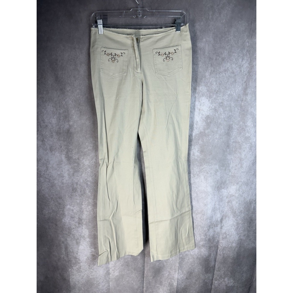 VTG Y2K 90s Wet Seal Flare Embroidered Low Rise Pants In Khaki Size 3